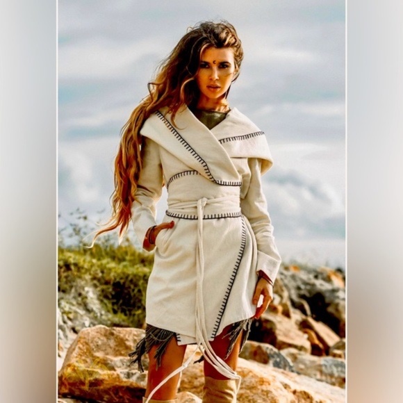 💞NWT AYA Sacred Wear Warm Boho Hoody Cardigan Off-White Belted Wrap Cardigan💞 - Picture 1 of 15